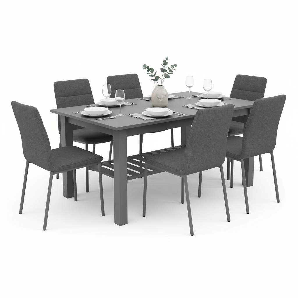 7-Piece Dining Table Set for 6 with Chairs & Storage Shelf | Gray