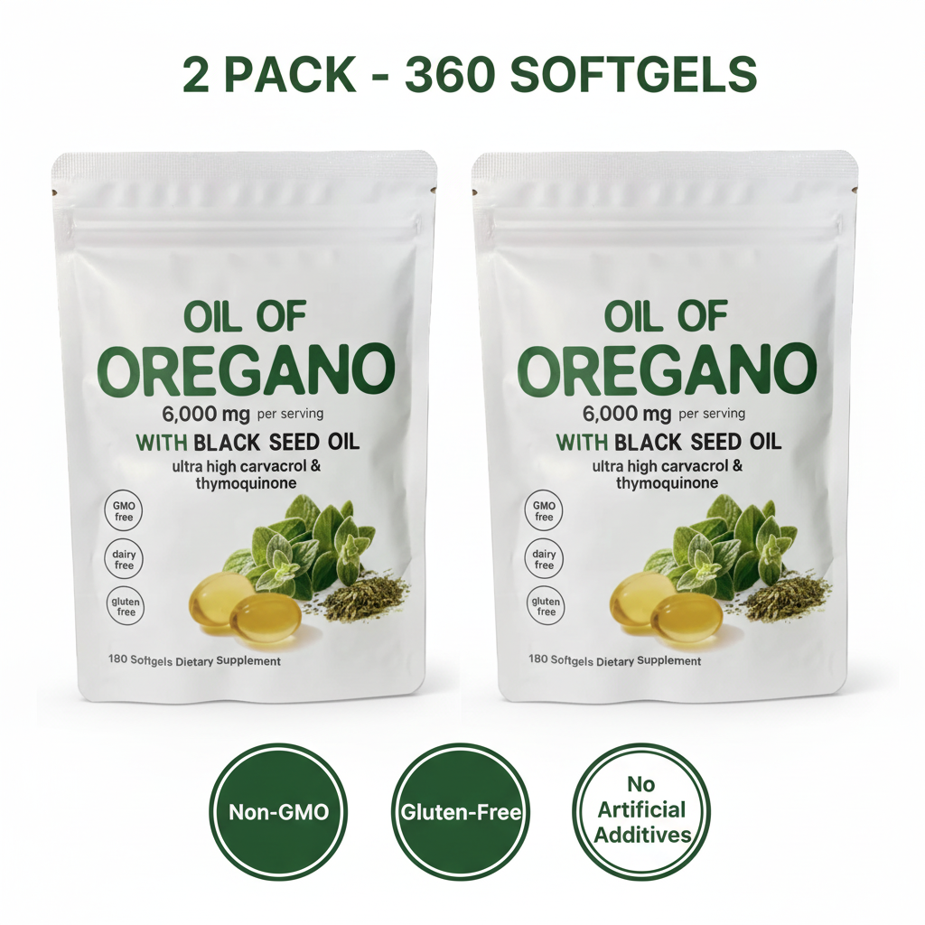 Oil of Oregano with Black Seed Oil 2 Pack | 360 Softgels | 6000mg High Carvacrol | Immune and Gut Support