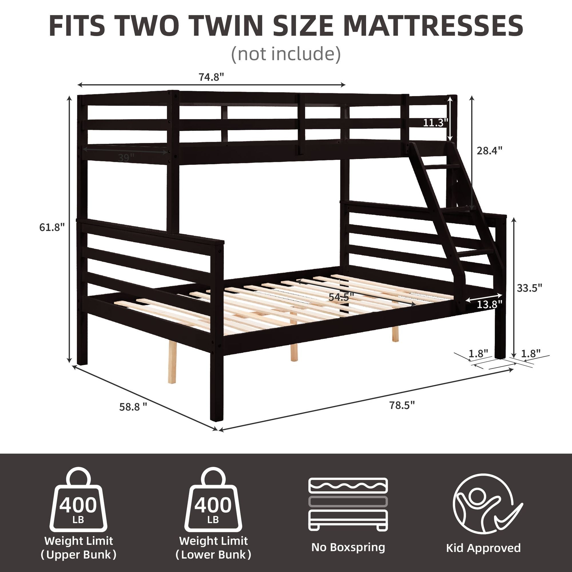 Twin Over Full Wood Bunk Bed with Safety Guardrails and Ladder | Just Better Bunk Beds
